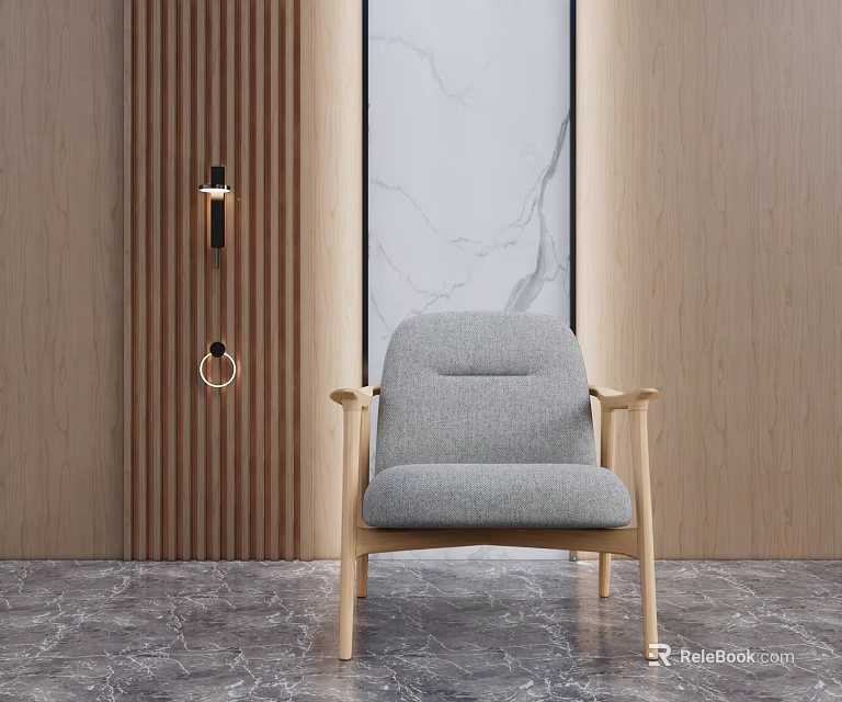 Gray Upholstered Armchair With Wooden Frame And Modern Wooden Wall Marble Floor 3d model 