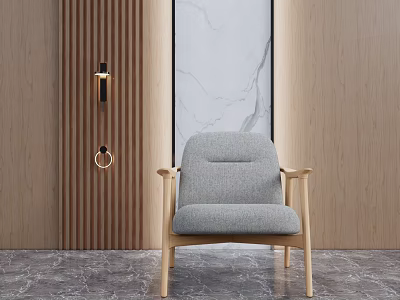 Gray Upholstered Armchair With Wooden Frame And Modern Wooden Wall Marble Floor 3d model