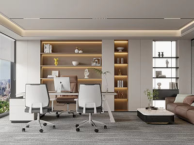 Modern Office Interior Design With Desk Chairs Bookshelves Sofa City View And Lighting 3d model