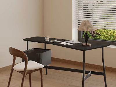 Home Office Desk With Storage Box Wooden Chair Lamp And Window Blinds 3d model