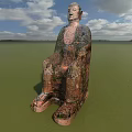 Giant Sitting Stone Sculpture in Water With Sky And Clouds Background And Natural Weathered Texture