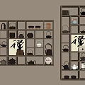 Wooden Chinese Curio Shelves With Teapots Ceramic Wares And Calligraphy Art