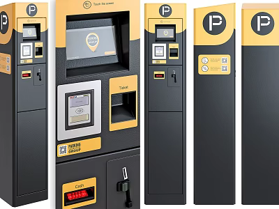 Public Parking Payment Machine With Black And Yellow Design And P Sign 3d model