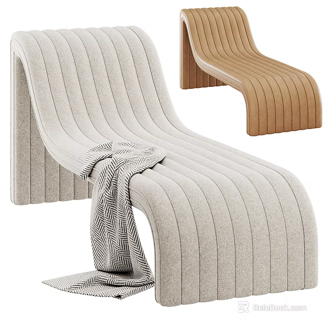 Modern Ribbed Lounge Chair With Throw Blanket In Light Gray And Brown 3d model 