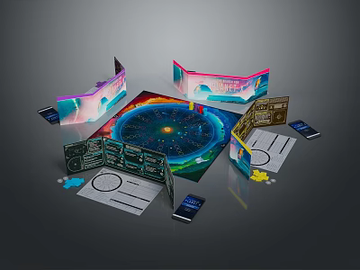Colorful Tabletop Board Game Set With Central Game Board Folding Cards Instruction Sheets And Accessories 3d model