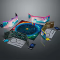 Colorful Tabletop Board Game Set With Central Game Board Folding Cards Instruction Sheets And Accessories