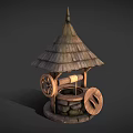 Traditional Wooden Well Garden Ornament with Conical Roof Stone Base and Wooden Wheel