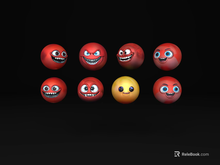 Cartoon Style Decorative Ornament Set With Red And Yellow Spherical Pieces And Expressions 3d model 