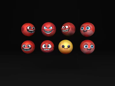 Cartoon Style Decorative Ornament Set With Red And Yellow Spherical Pieces And Expressions 3d model