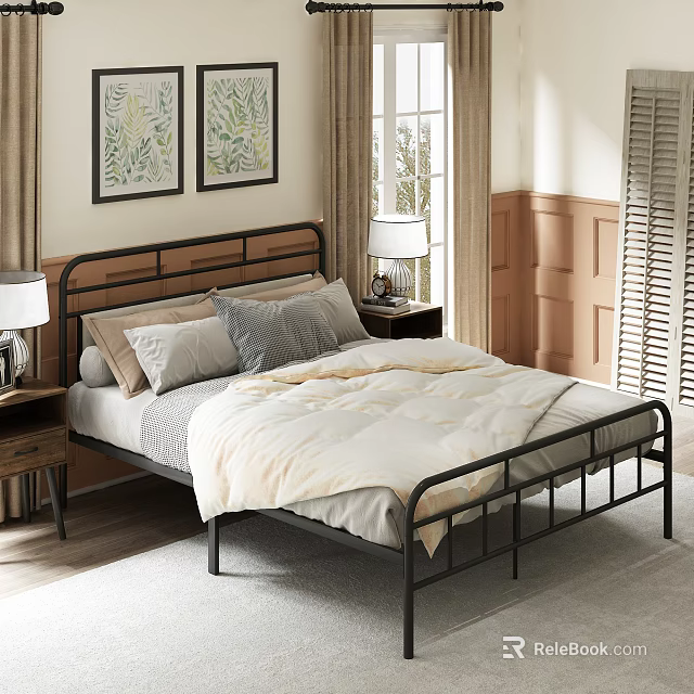 Modern Bedroom Interior With Black Metal Bed Frame Gray Beige Pillows And Botanical Paintings 3d model 