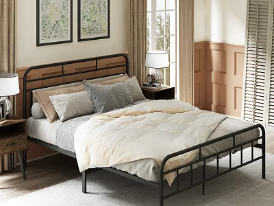 Modern Bedroom Interior With Black Metal Bed Frame Gray Beige Pillows And Botanical Paintings 3d model