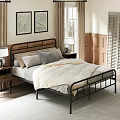 Modern Bedroom Interior With Black Metal Bed Frame Gray Beige Pillows And Botanical Paintings
