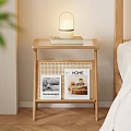 Modern Living Room Wooden Side Table With Woven Design Magazines And Green Sofa