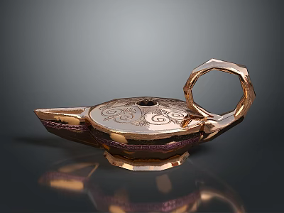 Brass Aladdin Lamp Sculpture With Intricate Engraved Patterns Decorative Handle And Base Design 3d model
