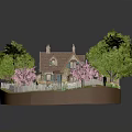 Charming Cartoon Scene Featuring Cute Cottage Colorful Trees Pink Flowers And White Picket Fence