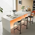 Modern Bar Counter With Bar Stools Coffee Machine Window Blinds And Decorative Paintings