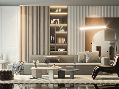 Modern Elegant Living Room Sofa and Coffee Table Set with Shelves Floor Lamp and Pillows 3d model