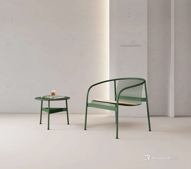 Green Metal Frame Lounge Chair With Woven Seat And Side Table In Minimalist Interior 3d model 