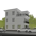 Two Story White Single Family House With Black Balcony Brown Door And Green Trees