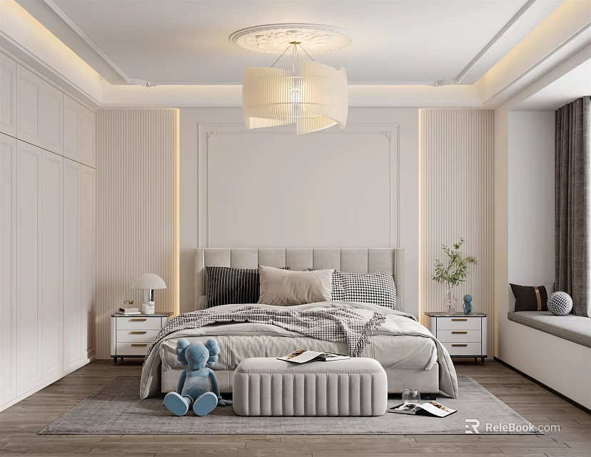 Cozy Modern Bedroom Interior With Upholstered Headboard Padded Bench Plush Toy And Bay Window 3d model 
