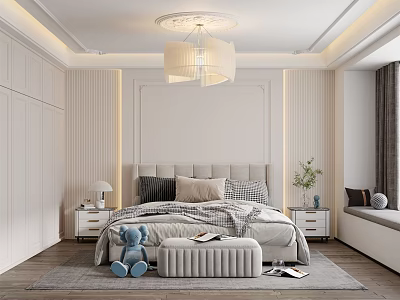 Cozy Modern Bedroom Interior With Upholstered Headboard Padded Bench Plush Toy And Bay Window 3d model