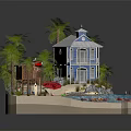 Two Story Blue White Beach House Featuring Palm Trees Sandy Beach Waterfront And Red Umbrella