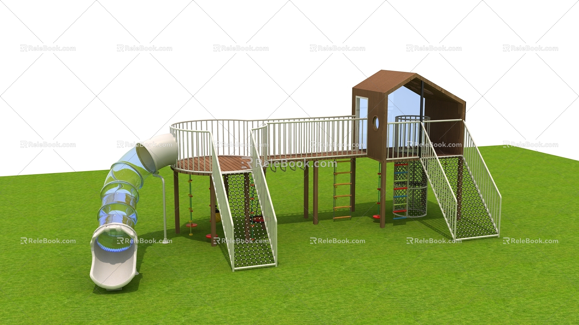 Amusement equipment children's slide tree house crawl climbing swing rings outdoor wooden house 3d model