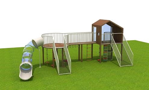 Amusement equipment children'slide tree house crawl climbing swing rings outdoor wooden house 3d model