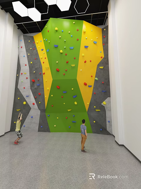 Indoor Climbing Wall With Colorful Holds And People Practicing Climbing 3d model 