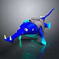3D Cartoon Blue Creature Game Movie Character With Sharp Fangs Big Eyes And Backpack