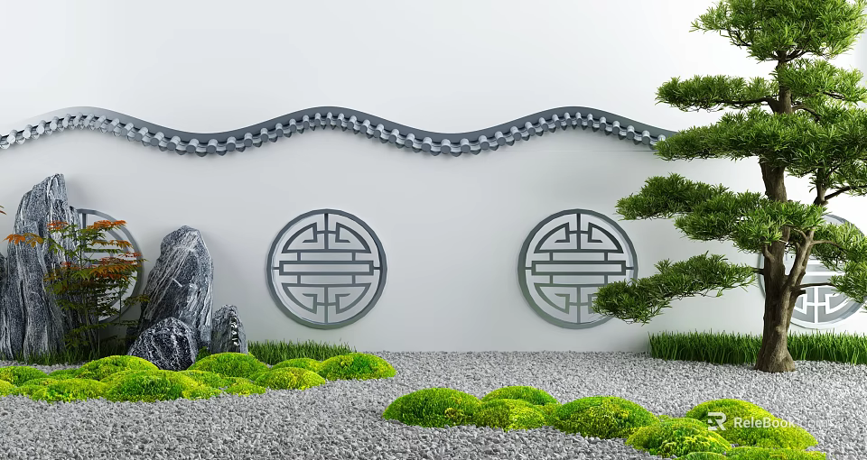 White Building Exterior Wall with Wavy Decoration Circular Traditional Patterns Stone and Green Plants 3d model 