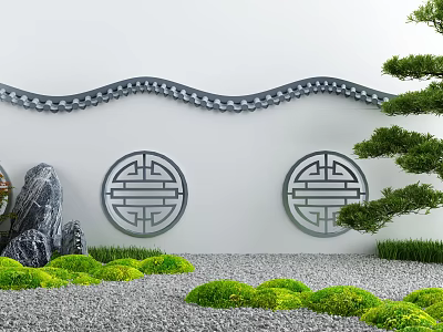White Building Exterior Wall with Wavy Decoration Circular Traditional Patterns Stone and Green Plants 3d model