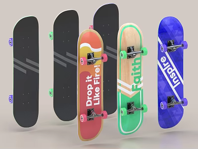 Colorful Sports Skateboards With Various Designs Colored Wheels And Brand Logos For Sports 3d model