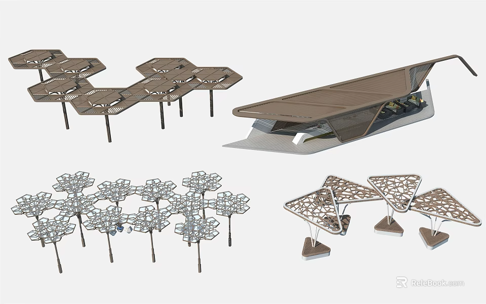 Modern Pergola Design With Geometric Hexagonal Structures And Tree Shaped Metal Frames 3d model