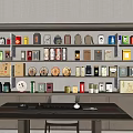 Modern Tea Set Display With Tea Caddies Cakes And Boxes On Shelves