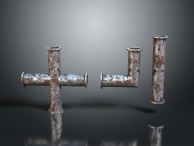 Rusty Metal Pipe Fittings Tee Elbow and Straight Pipe on Dark Reflective Surface 3d model