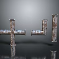 Rusty Metal Pipe Fittings Tee Elbow and Straight Pipe on Dark Reflective Surface
