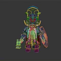 Mythical Character In Elaborate Blue Gold Armor With Ornate Headdress Red Mask Shield And Lantern