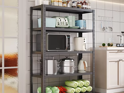 Multi Tier Kitchen Metal Shelf with Microwave Spices Pots and Fresh Vegetables 3d model