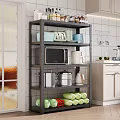Multi Tier Kitchen Metal Shelf with Microwave Spices Pots and Fresh Vegetables