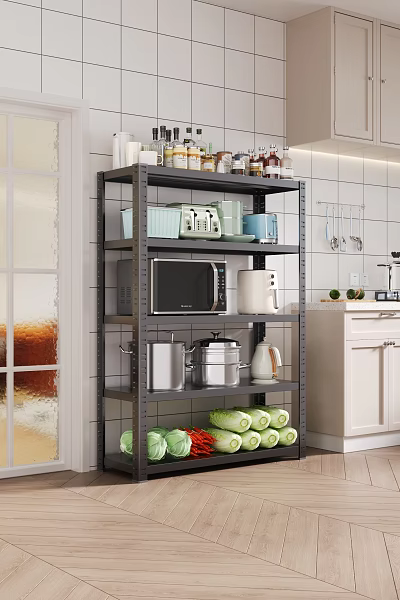 Multi Tier Kitchen Metal Shelf with Microwave Spices Pots and Fresh Vegetables 3d model