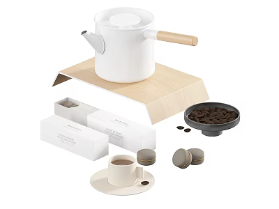 White Tableware Set With Teapot Wooden Handle Coffee Cup Macarons And Coffee Beans 3d model