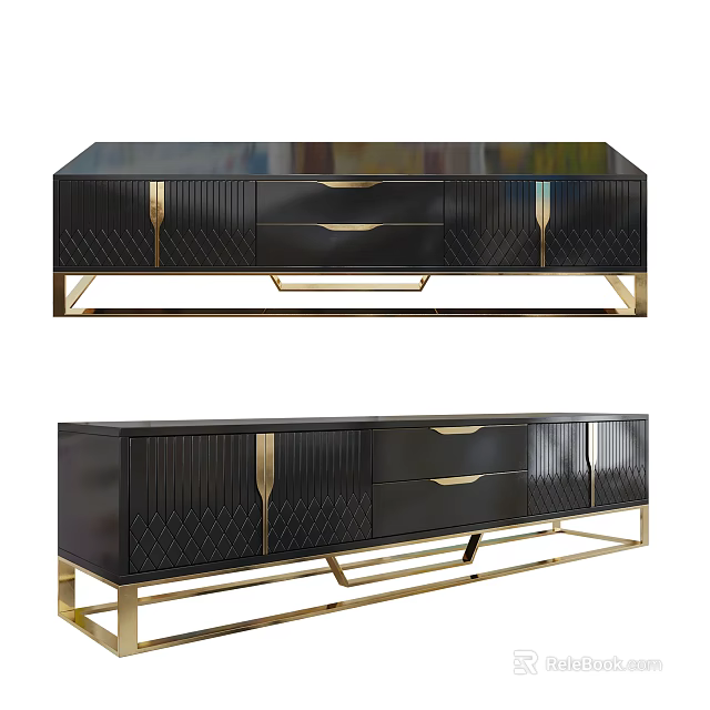 Elegant Modern Black TV Stand With Gold Metal Legs Textured Drawers And Doors 3d model 