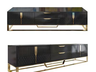 Elegant Modern Black TV Stand With Gold Metal Legs Textured Drawers And Doors 3d model