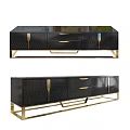 Elegant Modern Black TV Stand With Gold Metal Legs Textured Drawers And Doors