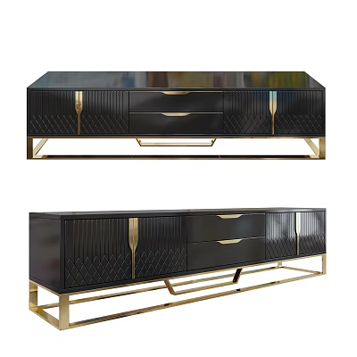 Elegant Modern Black TV Stand With Gold Metal Legs Textured Drawers And Doors 3d model
