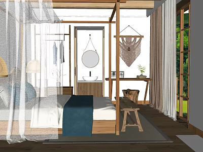 Hotel Guest Room Featuring Wooden Bed Frame White Canopy Round Mirror and Woven Hanging 3d model