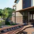 Scenic Guesthouse Building With Courtyard Terrace and Lush Greenery Surrounded by Trees