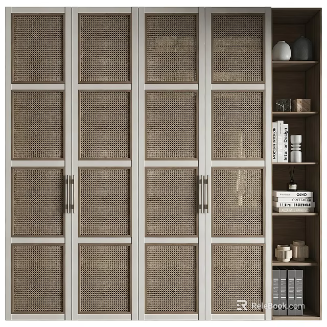 Woven Door Bookcase With White Frame Metal Handles And Open Shelves With Books Decor 3d model 