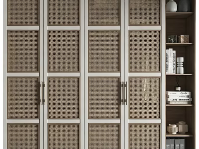 Woven Door Bookcase With White Frame Metal Handles And Open Shelves With Books Decor 3d model